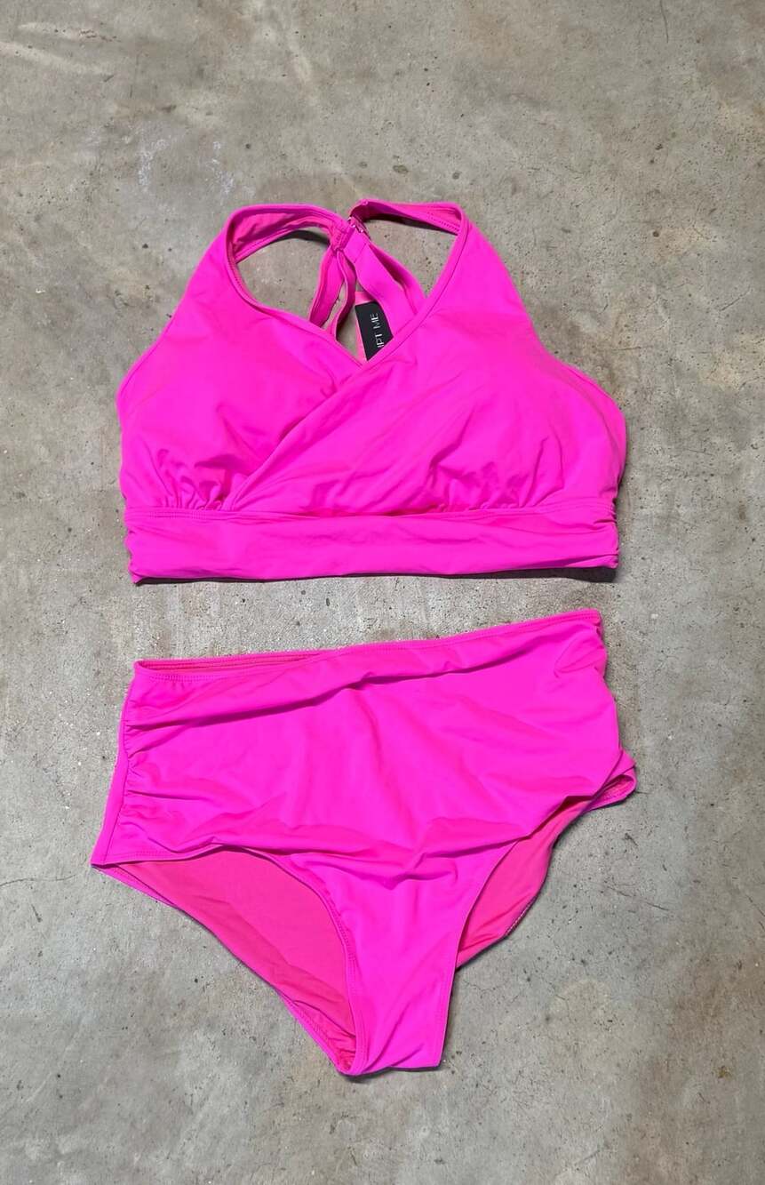 Tempt Me Hot Pink Crossover Cross-Back High Waisted Bikini Swimsuit